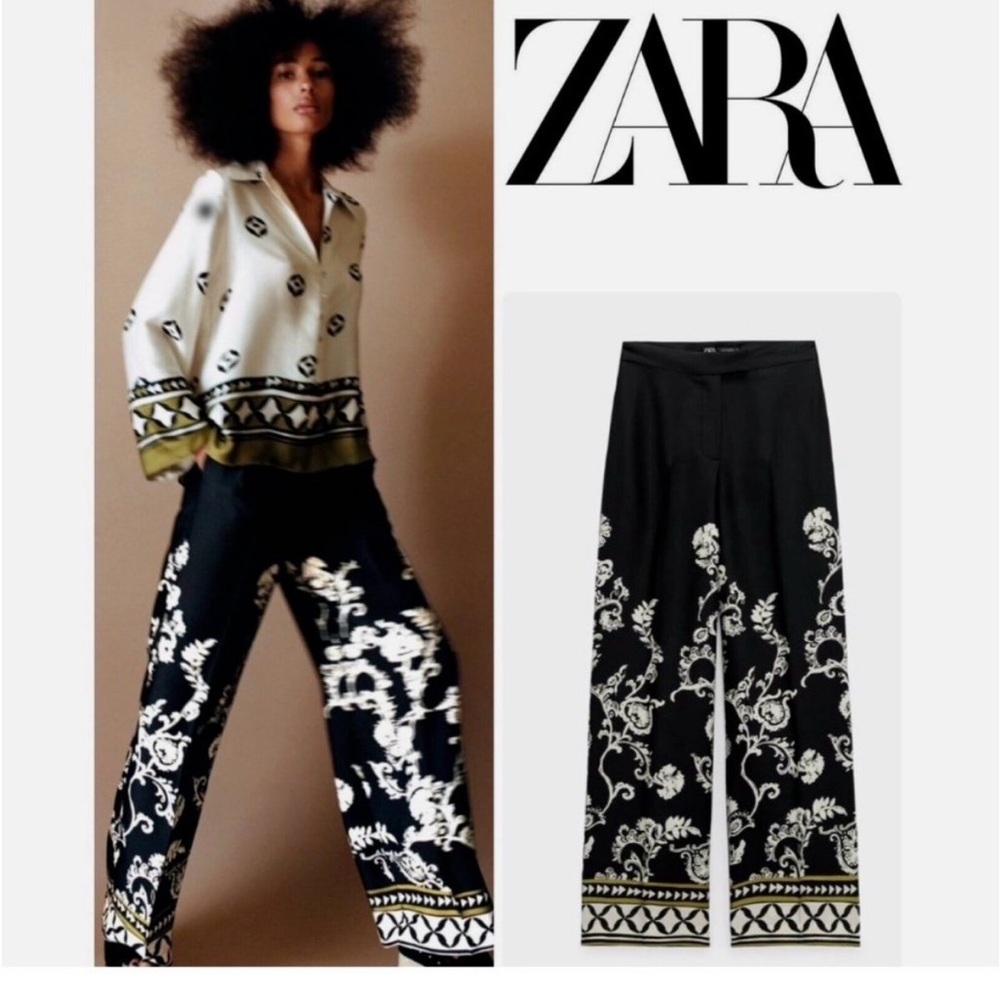 Zara Satin Floral Wide Leg Pants